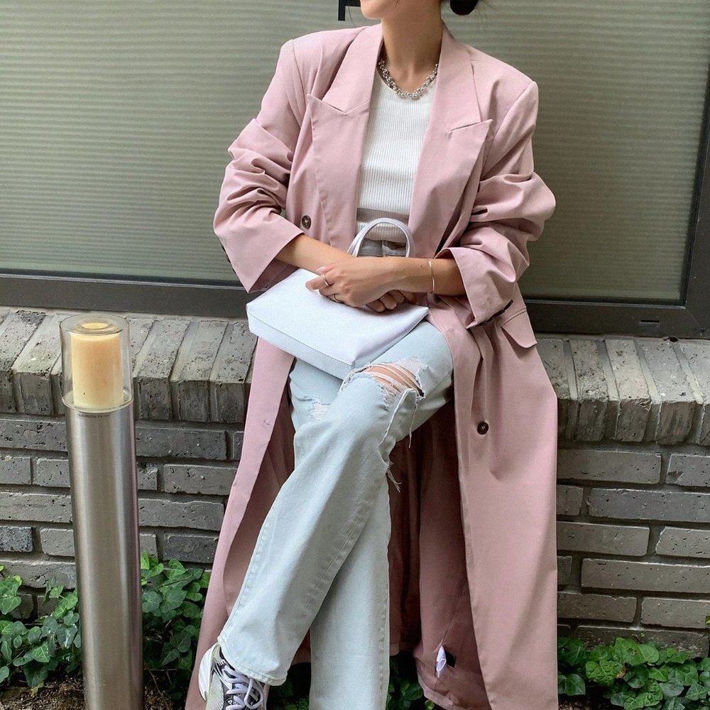 Dusty Pink PReppy Womens Double Breasted Belted Longline Coat - Picture 5 of 5